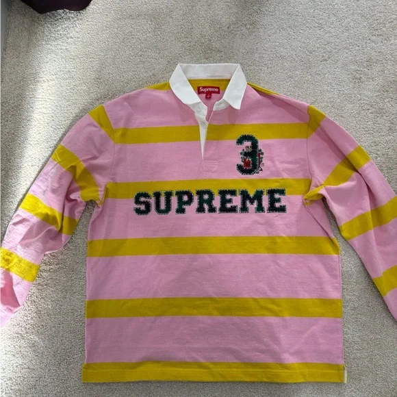 Supreme Pink and Yellow Rugby Shirt with White Collar - Picture 1 of 4